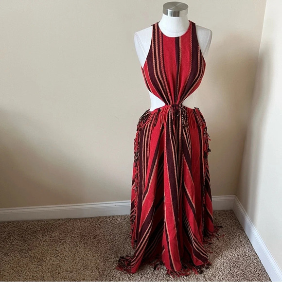 Ulla Johnson Caterina Red Black Stripe Fringed Maxi Dress 17882 - Picture 9 of 12